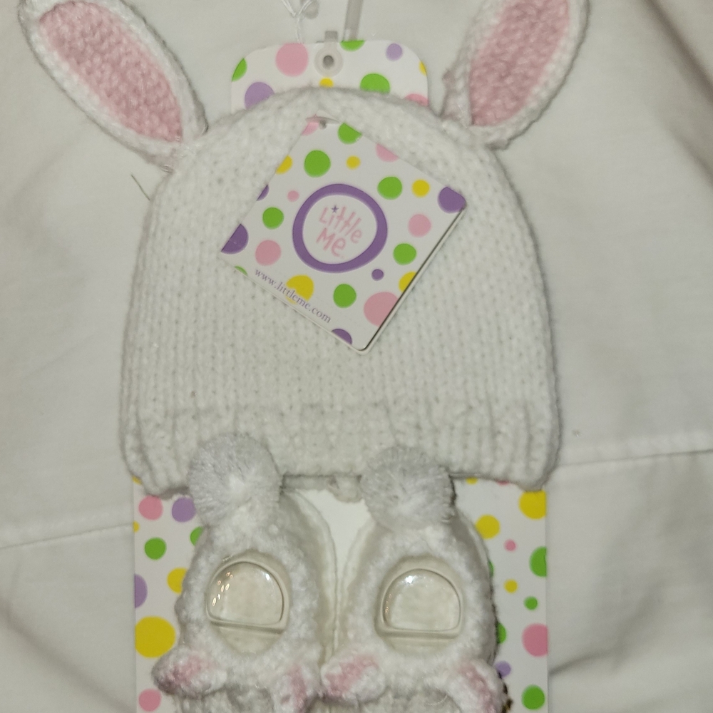 Little Me White Knit Bunny Hat and Booties with Pink Ear Lining